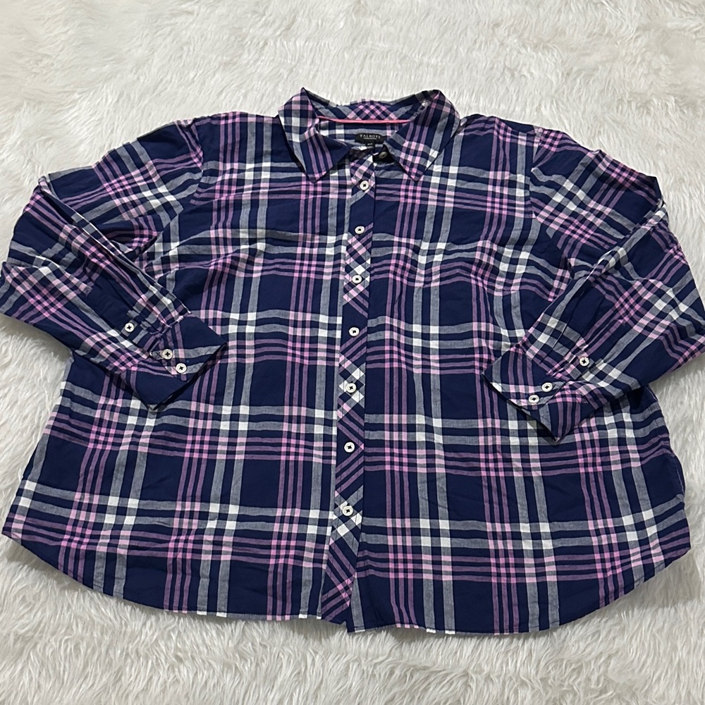 Talbots Women's Plaid Button Down Shirt in Navy and Pink